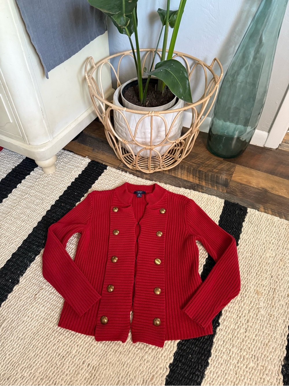 CHAPS Sweater Cardigan Jacket Double Breasted Red Ribbed Detail Womens - Picture 2 of 5
